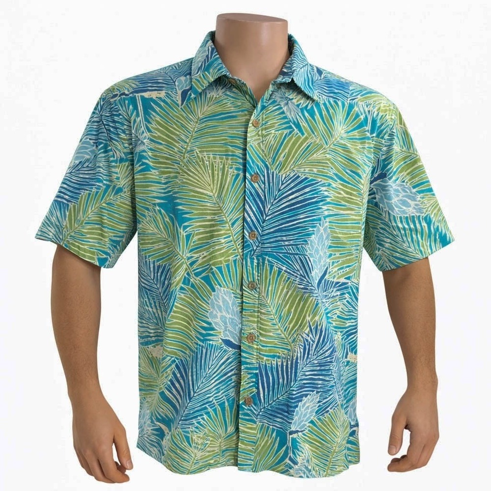 Cooke Street Hawaiian Aloha Shirt Large‎ Floral Abstract Leaf Fronds Green Blue